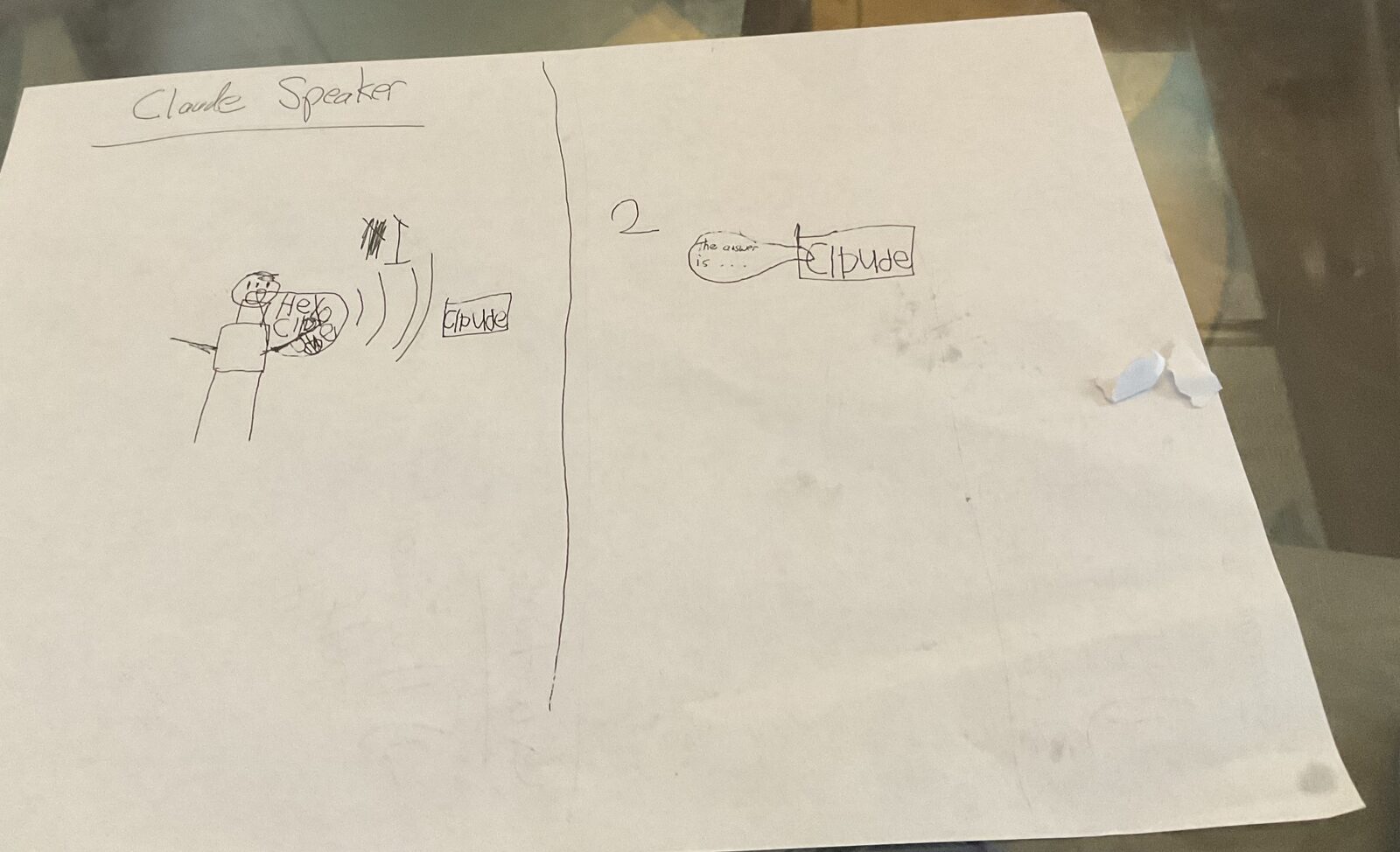 The Claude Speaker design sketch: a person says "Hey Claude" to a box labeled Claude, and the box answers